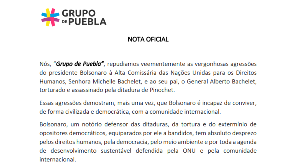 Grupo de Puebla repudia ataque de Bolsonaro aos Bachelet