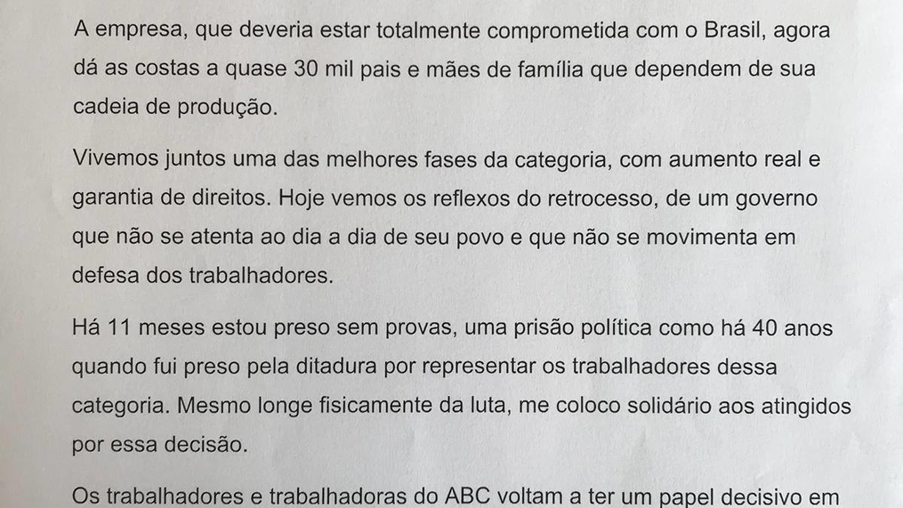 Lula envia carta para trabalhadores da Ford de São Bernardo