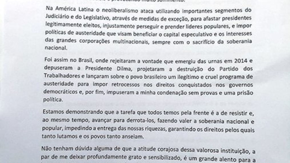 Lula envia carta para Universidade de Comahue