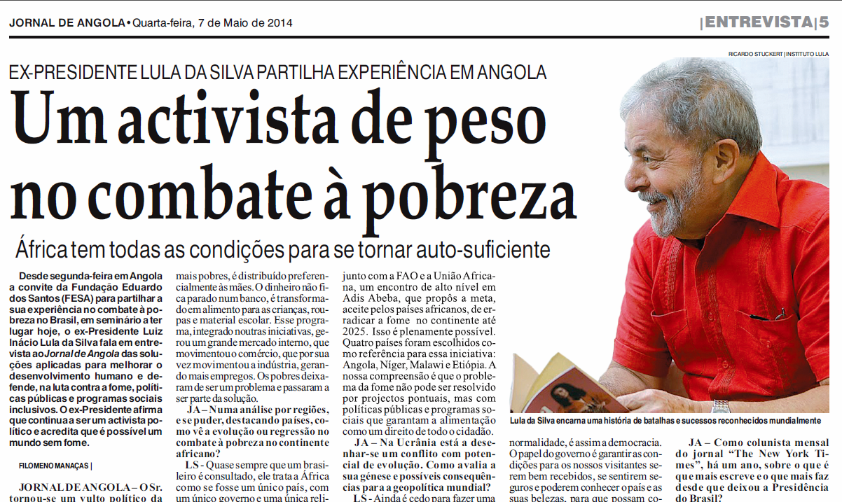 Lula fala de políticas inclusivas e erradicação da pobreza ao Jornal de Angola