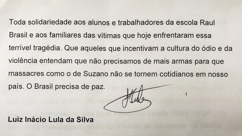 Lula se solidariza com vítimas da chacina em Suzano