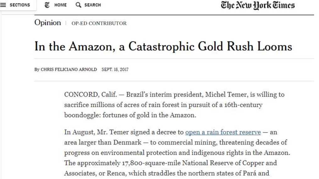 The NYT: Temer sacrifica Amazônia em corrida do ouro